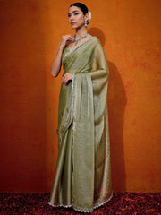 Olive Organza Designer Reception Saree - The Dori Store