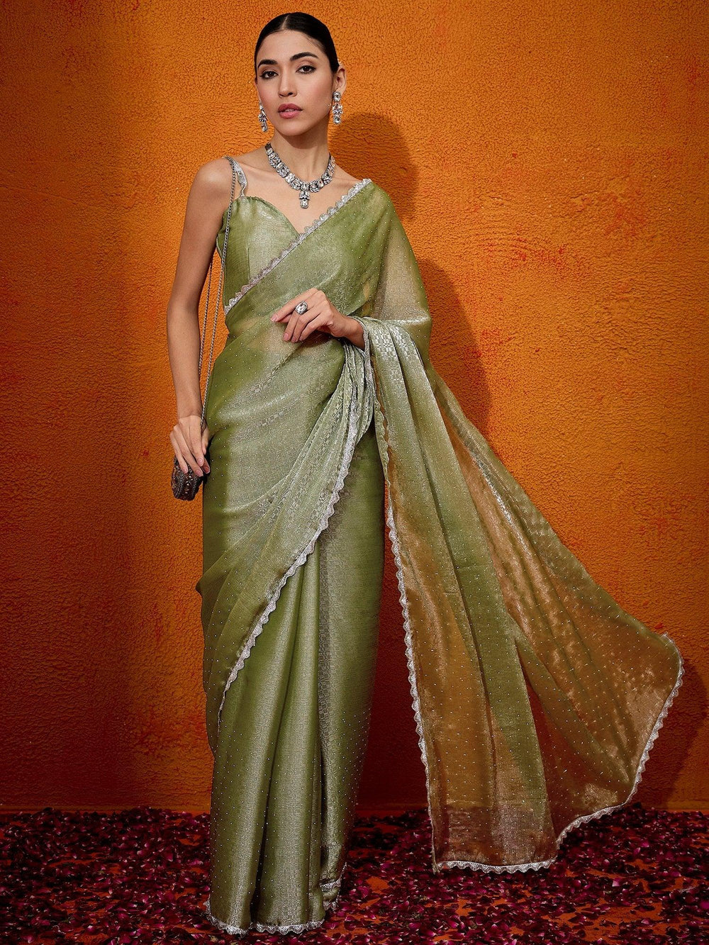 Olive Organza Designer Reception Saree - The Dori Store