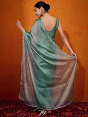 Teal green Organza Designer Reception Saree - The Dori Store