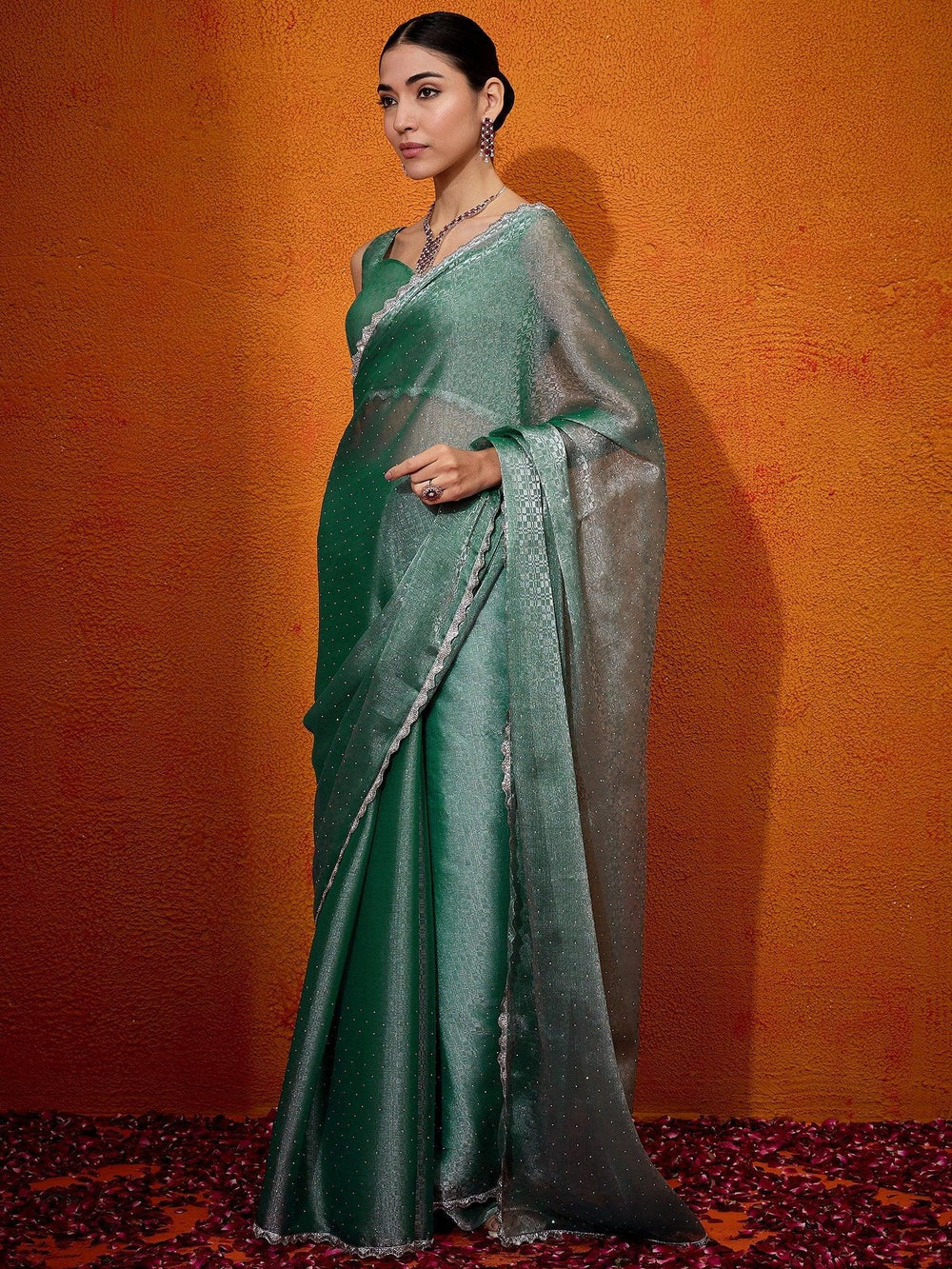 Teal green Organza Designer Reception Saree - The Dori Store