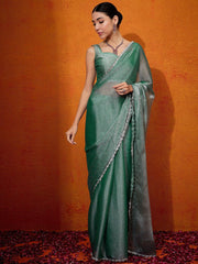 Teal green Organza Designer Reception Saree - The Dori Store