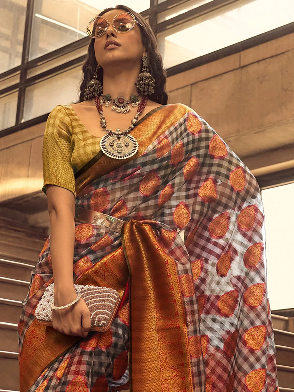 Greyish Multicolor Check Handloom Silk Saree - The Dori Store