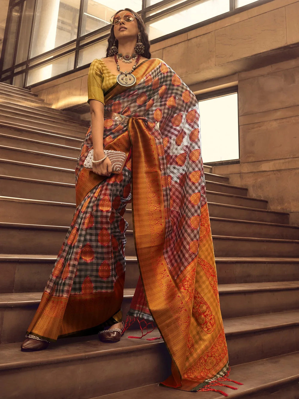 Greyish Multicolor Check Handloom Silk Saree - The Dori Store