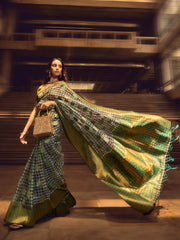 Grey and Green Check Handloom Silk Saree - The Dori Store