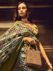 Grey and Green Check Handloom Silk Saree - The Dori Store