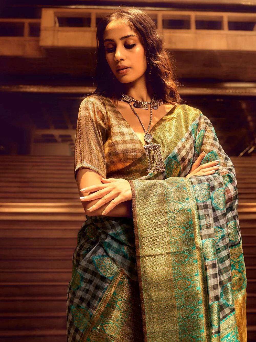 Grey and Green Check Handloom Silk Saree - The Dori Store