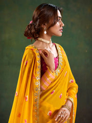 Yellow Sheer Chiffon Floral Saree - The Dori Store