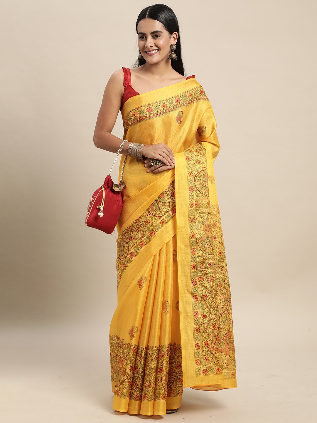 Mustard Tussar Khadi Silk Printed Saree