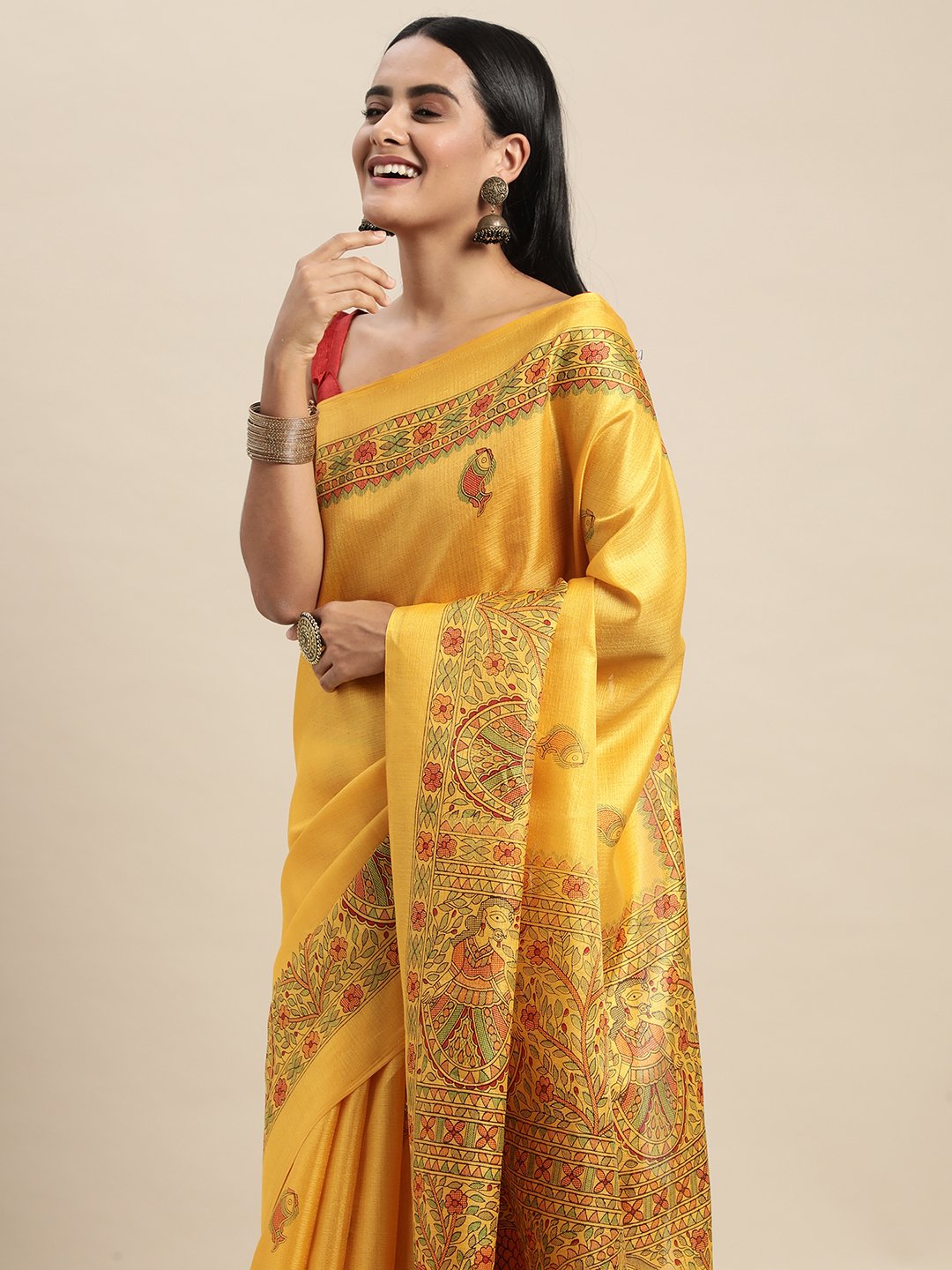 Mustard Tussar Khadi Silk Printed Saree