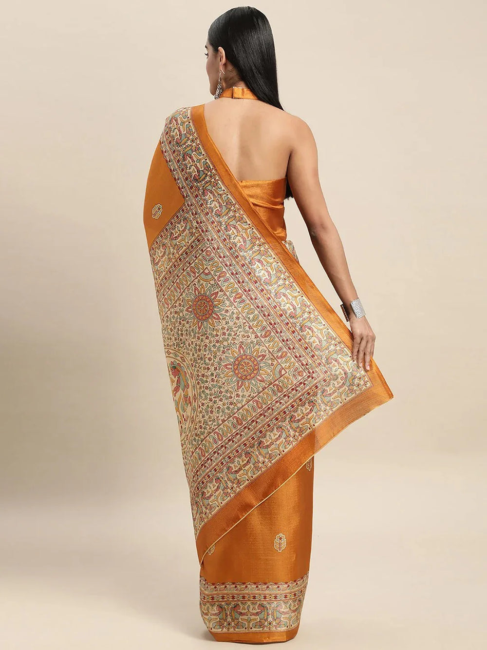 Mustard Tussar Khadi Silk Printed Saree - The Dori Store