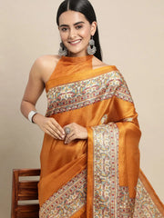 Mustard Tussar Khadi Silk Printed Saree - The Dori Store