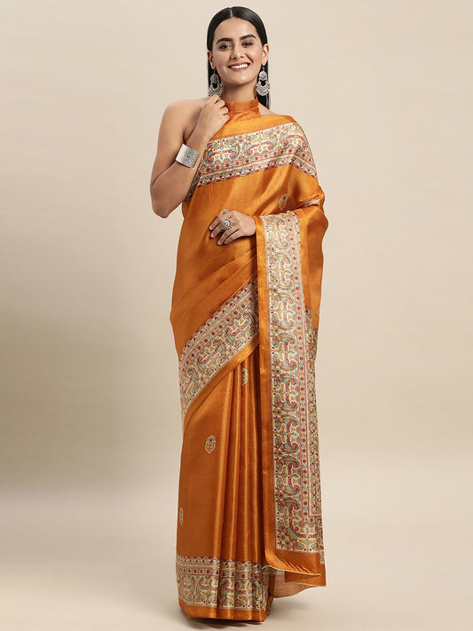 Yellow Mustard Tussar Khadi Silk Printed Saree