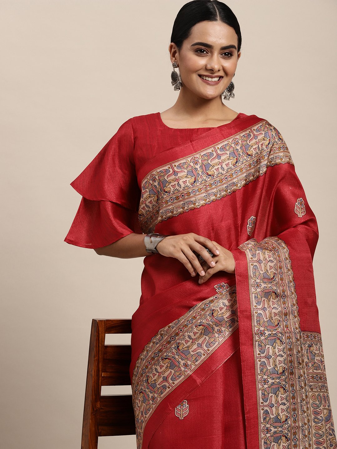 Red Tussar Khadi Silk Printed Saree