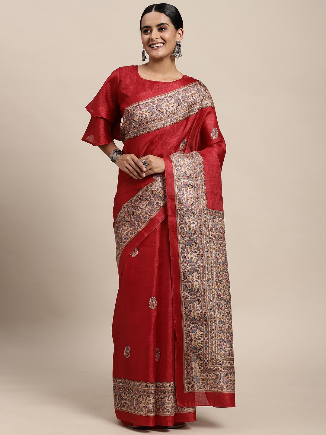 Red Red Tussar Khadi Silk Printed Saree