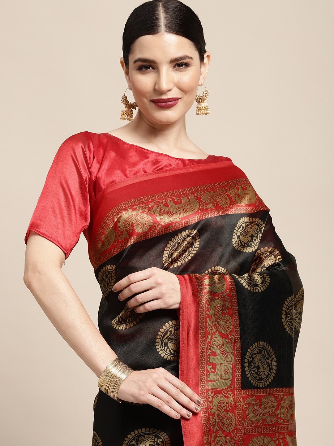 Black Block Print Art Silk Printed Saree