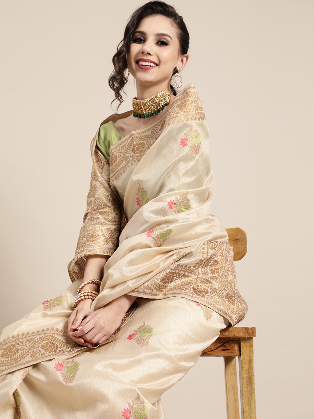 Cream Banarasi Silk Blend Woven Saree