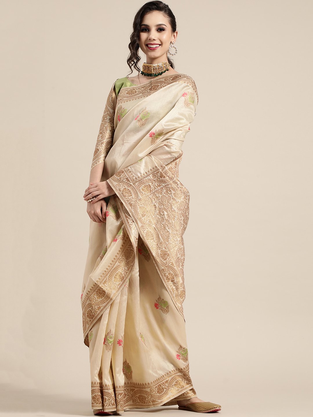 Cream Cream Banarasi Silk Blend Woven Saree