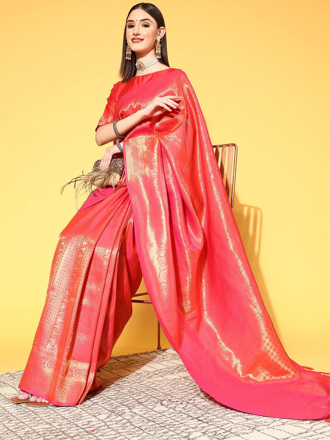 Peach Kanjeevaram Silk Blend Embroidered Saree