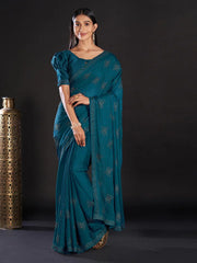 Partywear Teal Blue Satin Silk Saree - The Dori Store