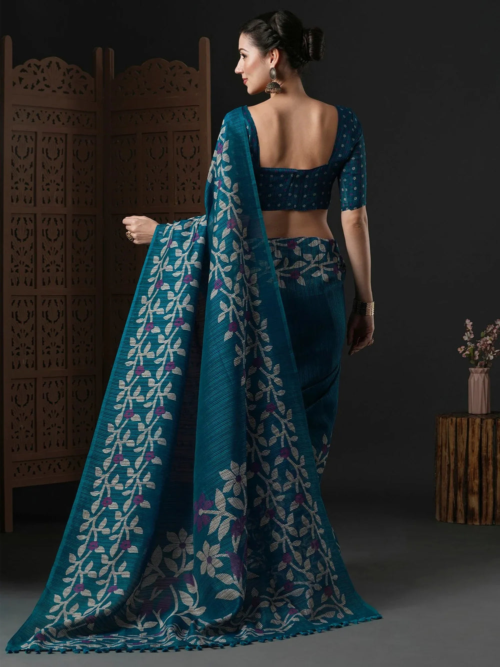 Teal Blue Branded Cotton Saree - The Dori Store