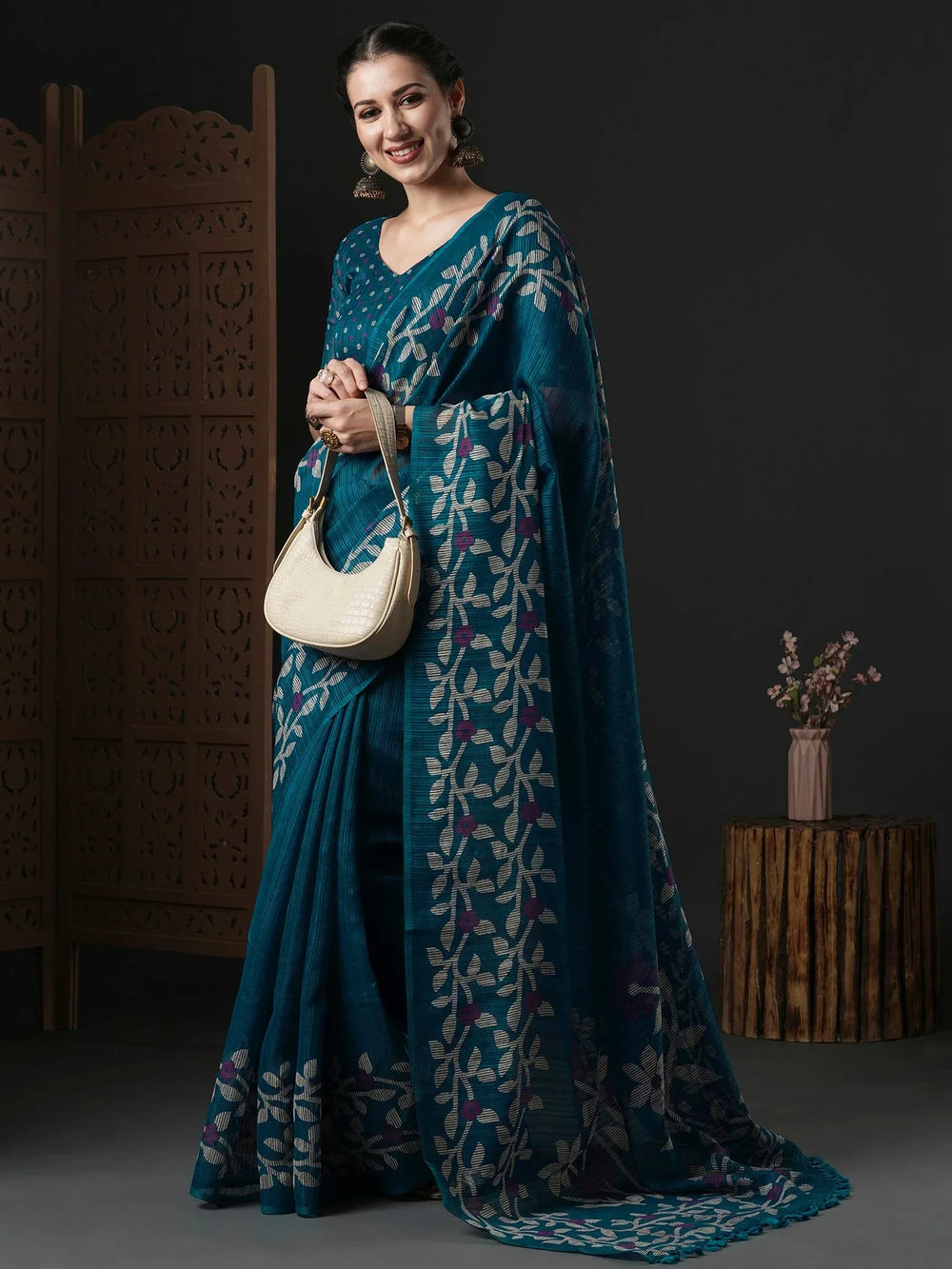 Teal Blue Branded Cotton Saree - The Dori Store
