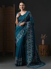 Teal Blue Branded Cotton Saree - The Dori Store
