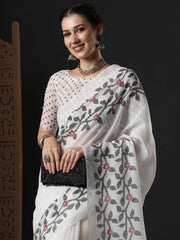 Classic White Branded Cotton Saree - The Dori Store