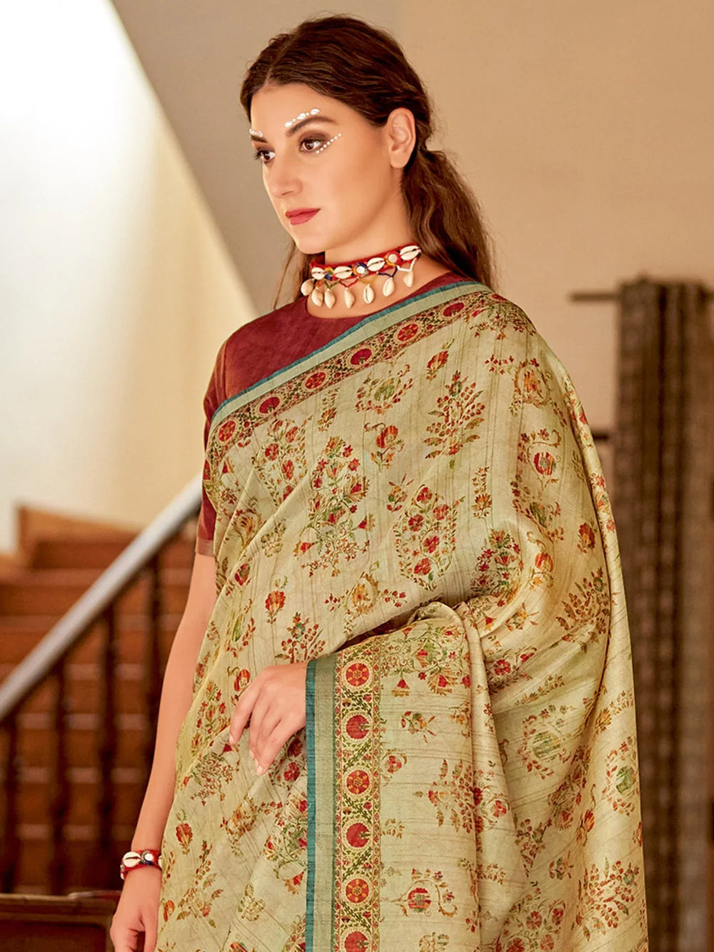 Floral Beige Digital Print Saree - The Dori Store
