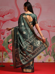 Teal Green Printed Bandhani Silk Saree - The Dori Store