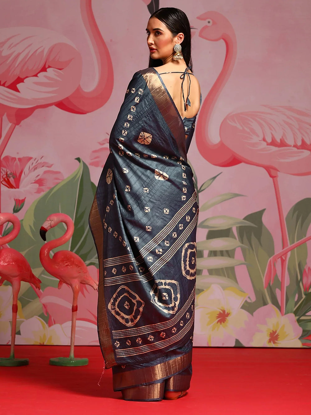 Steel Grey Printed Bandhani Silk Saree - The Dori Store