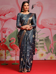 Steel Grey Printed Bandhani Silk Saree - The Dori Store