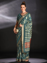 Teal Blue Printed Soft Silk Saree - The Dori Store