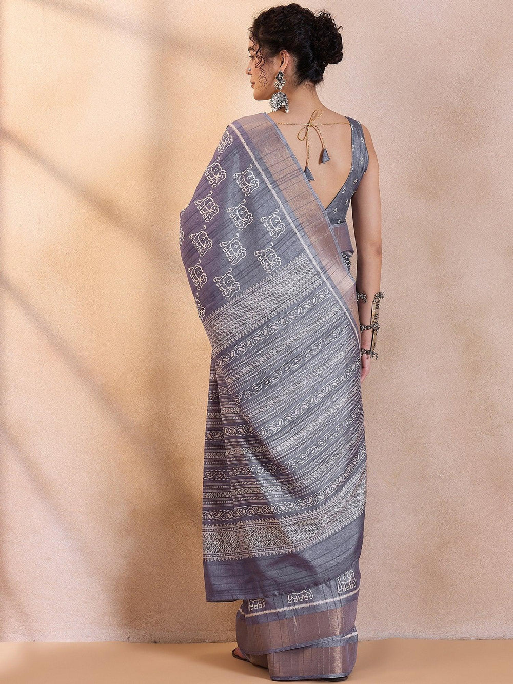 Metallic Grey Traditional Printed Silk Saree - The Dori Store