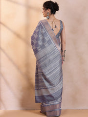 Metallic Grey Traditional Printed Silk Saree - The Dori Store