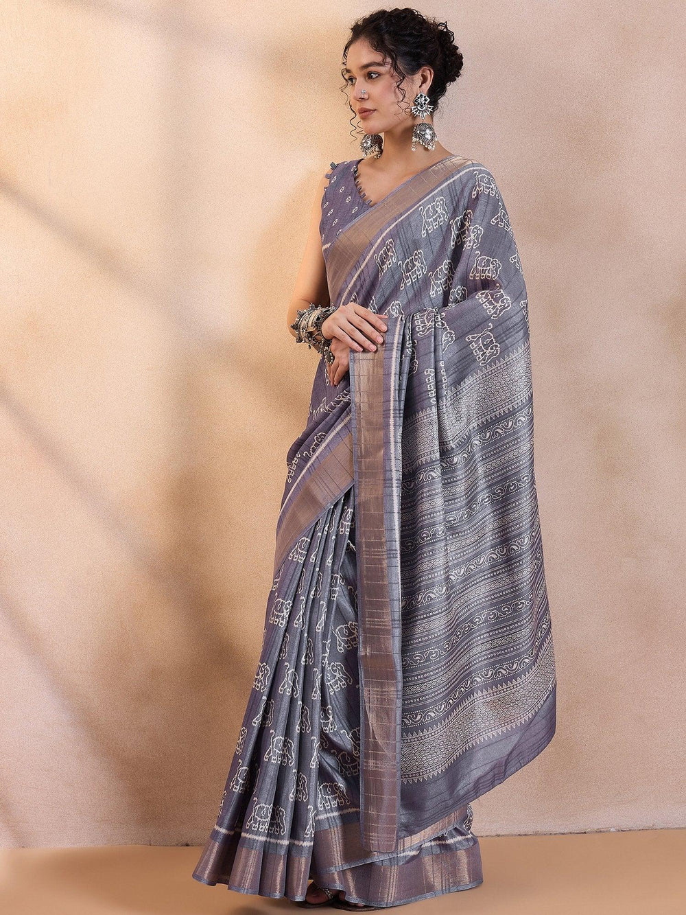 Metallic Grey Traditional Printed Silk Saree - The Dori Store