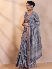 Metallic Grey Traditional Printed Silk Saree - The Dori Store