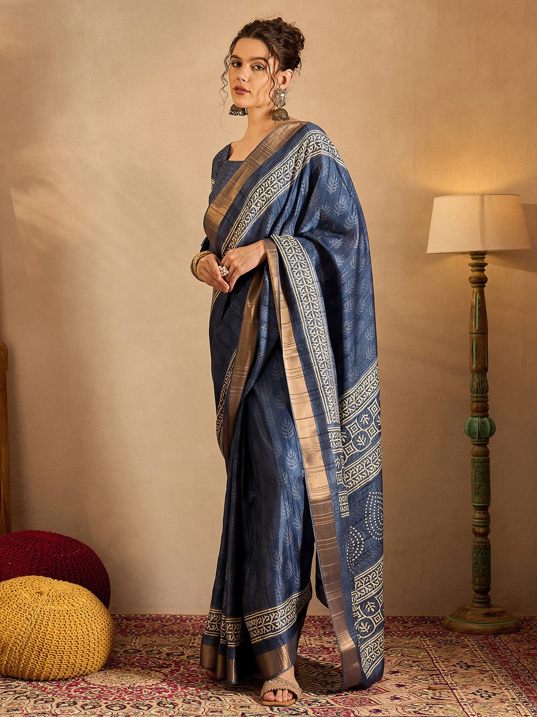 Navy Sungudi Silk Blend Printed Saree