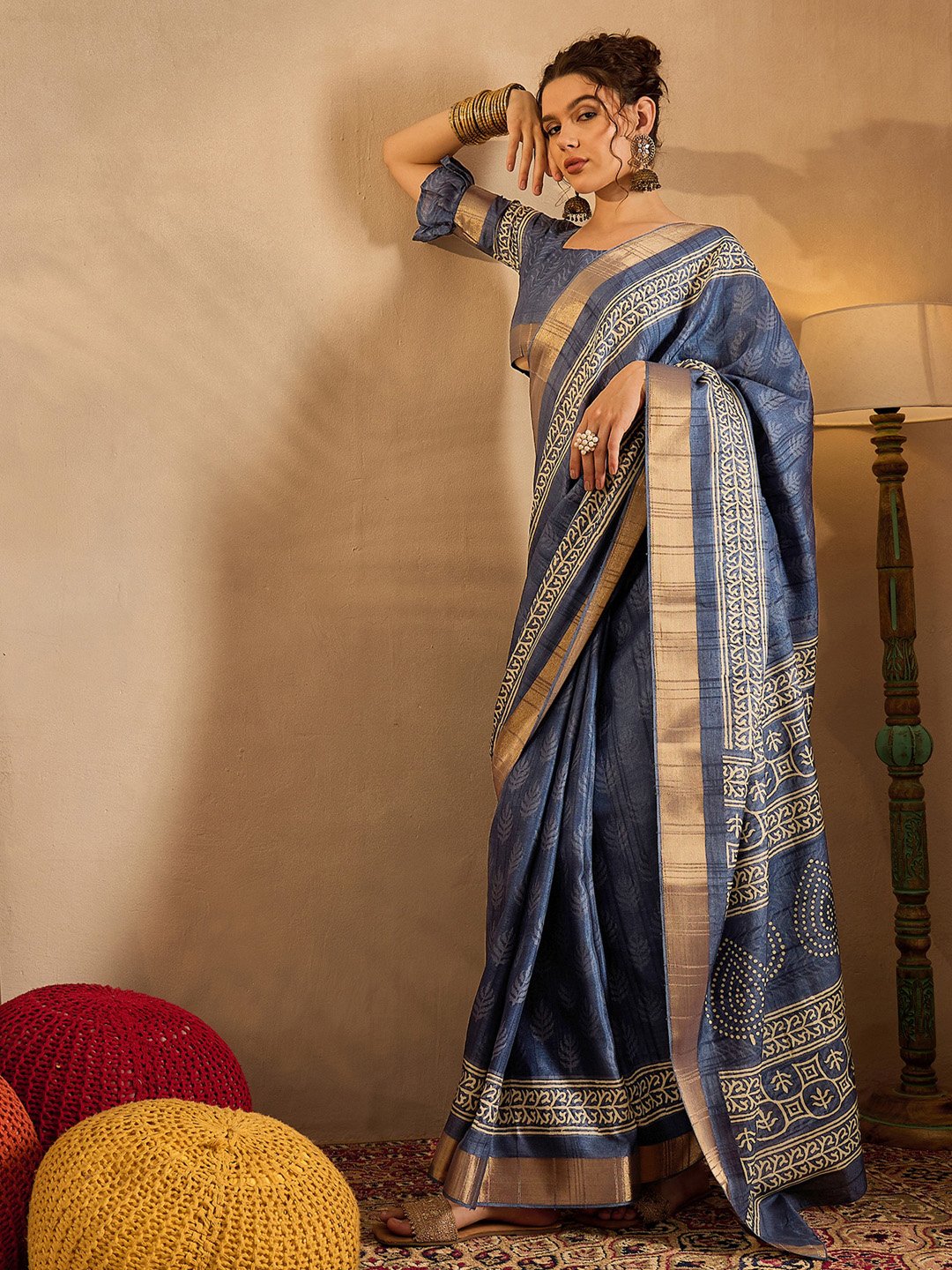 Navy Sungudi Silk Blend Printed Saree