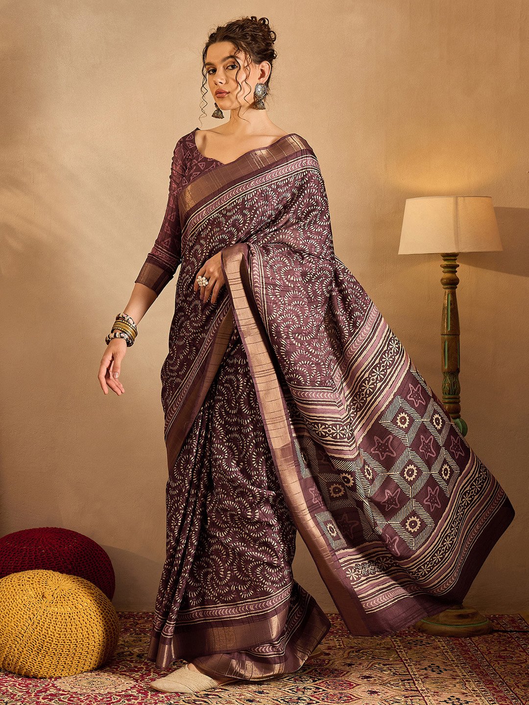 Burgundy Sungudi Silk Blend Printed Saree