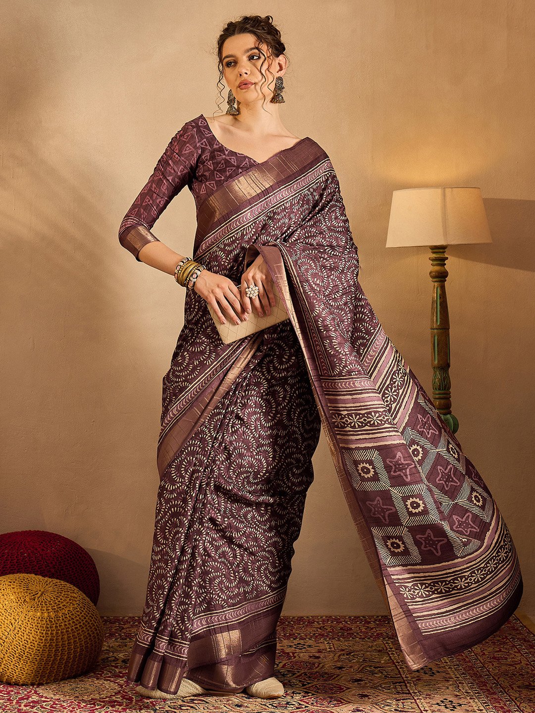 Burgundy Sungudi Silk Blend Printed Saree