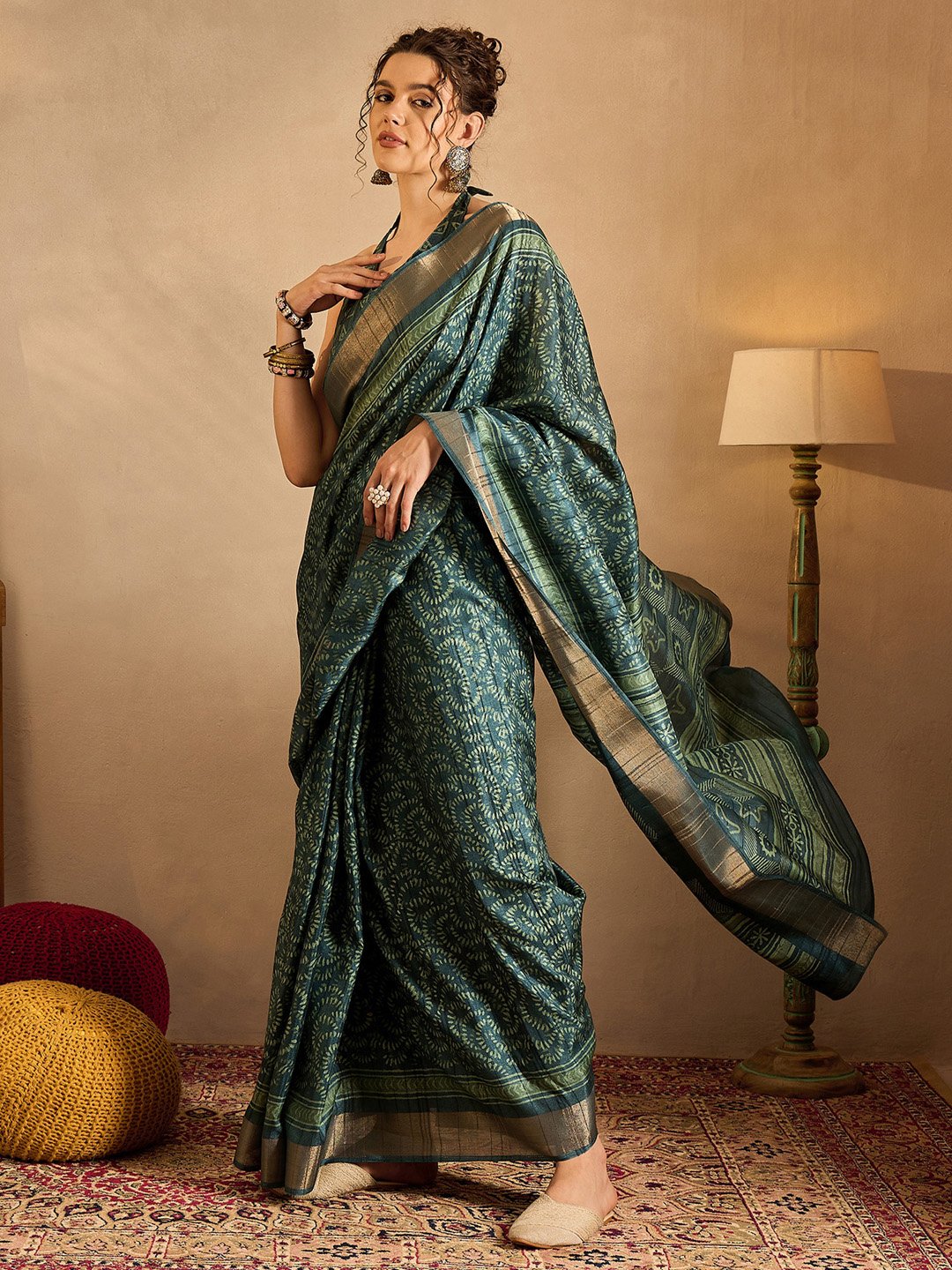 Teal Sungudi Silk Blend Printed Saree