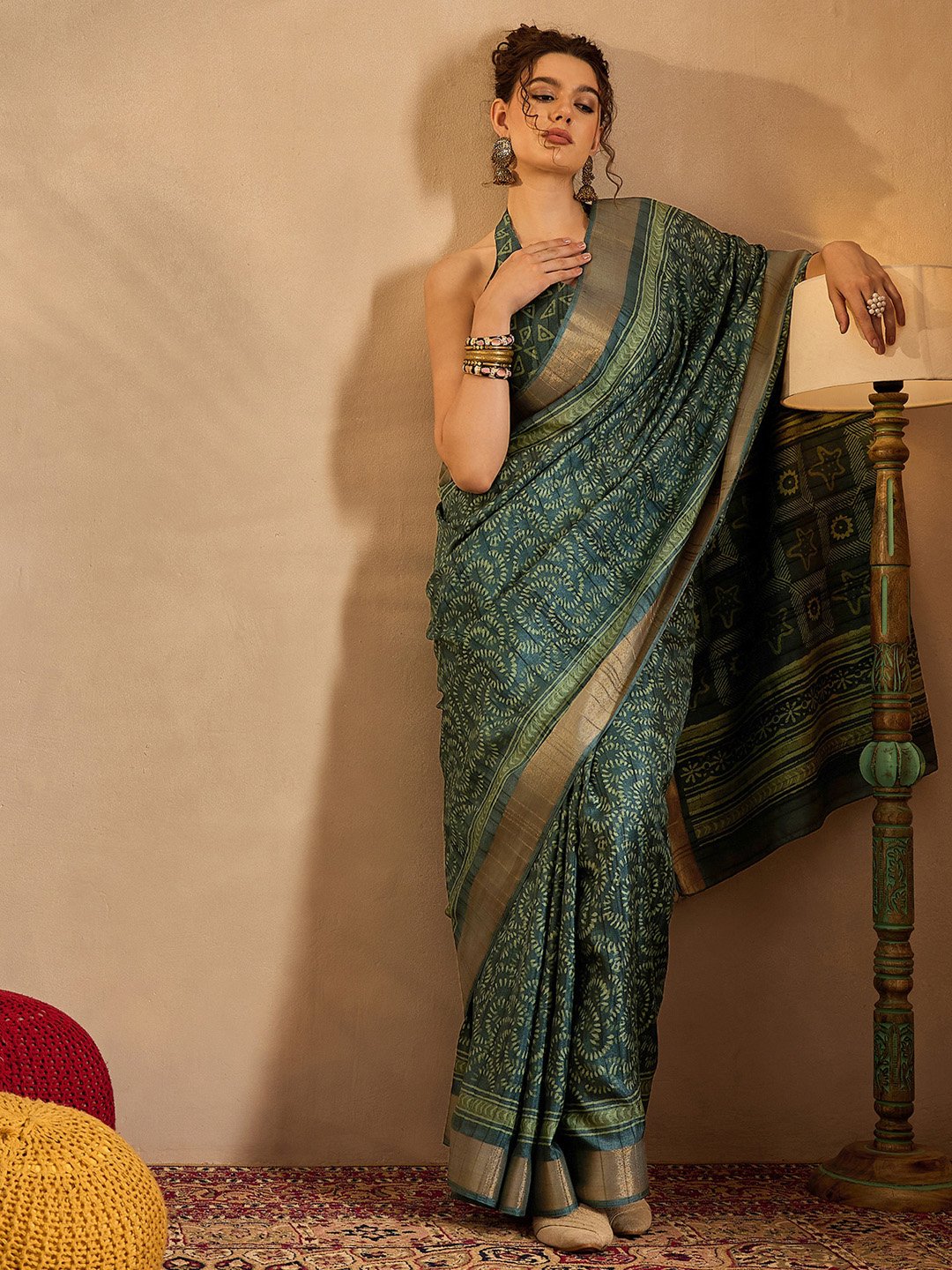 Teal Sungudi Silk Blend Printed Saree