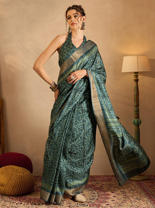 Blue Teal Sungudi Silk Blend Printed Saree