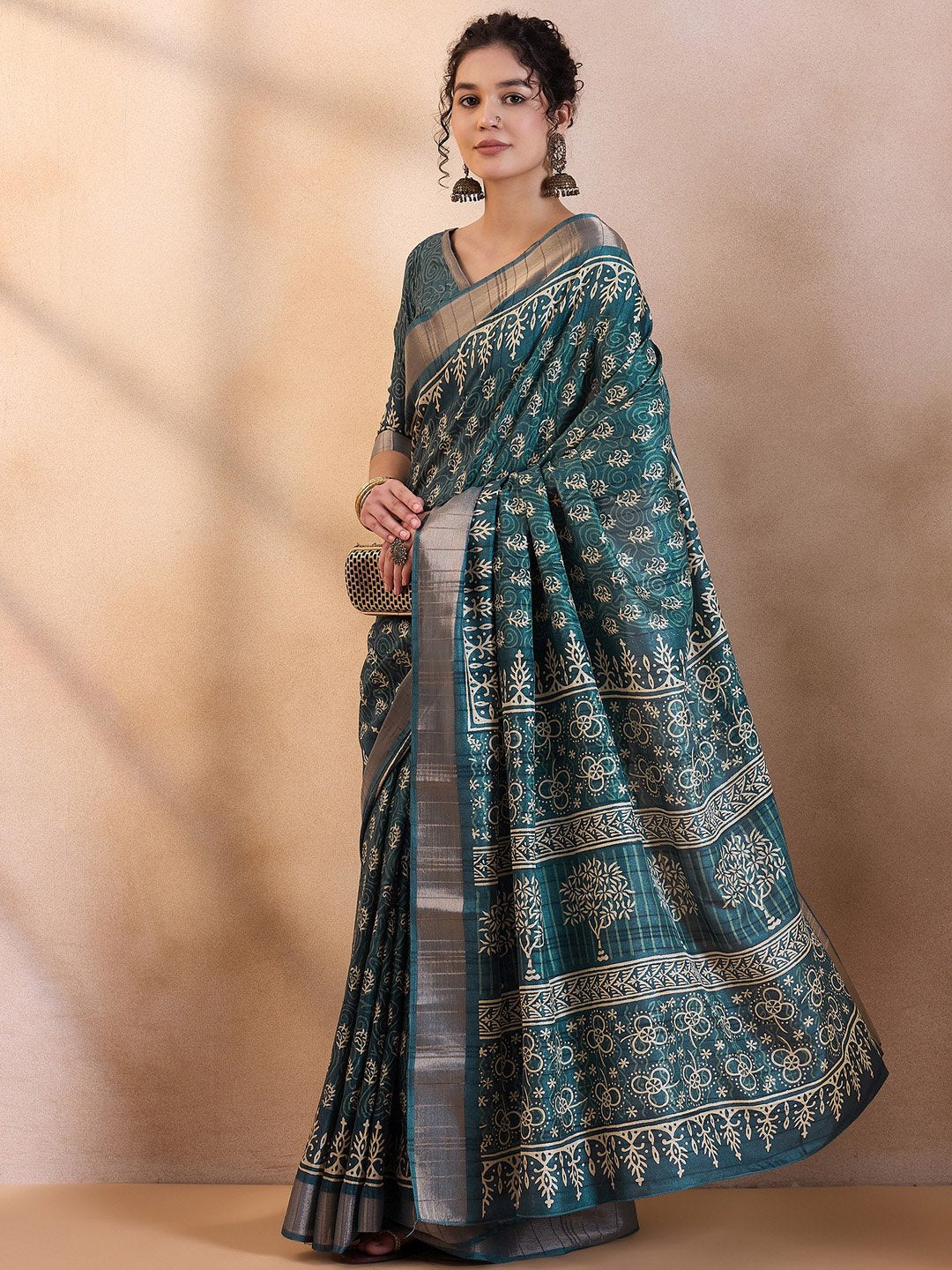Teal Sungudi Silk Blend Printed Saree