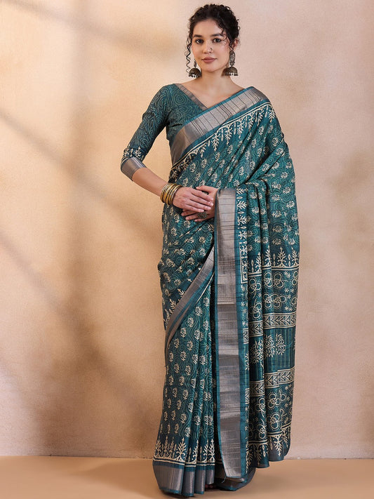 Teal blue Teal Sungudi Silk Blend Printed Saree