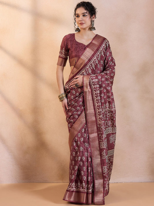 Pink Magenta Sungudi Silk Blend Printed Saree
