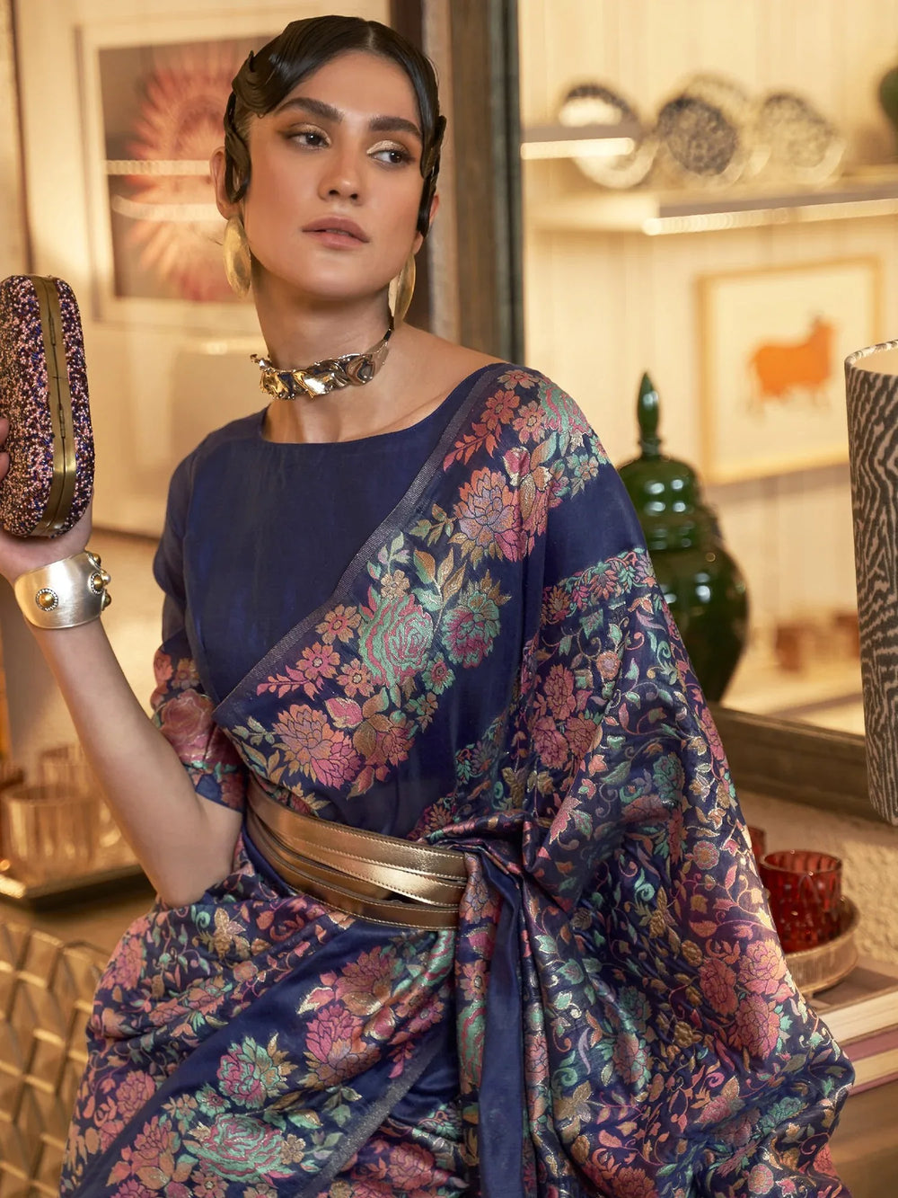 Navy Blue Kashmiri Floral Silk Saree - The Dori Store