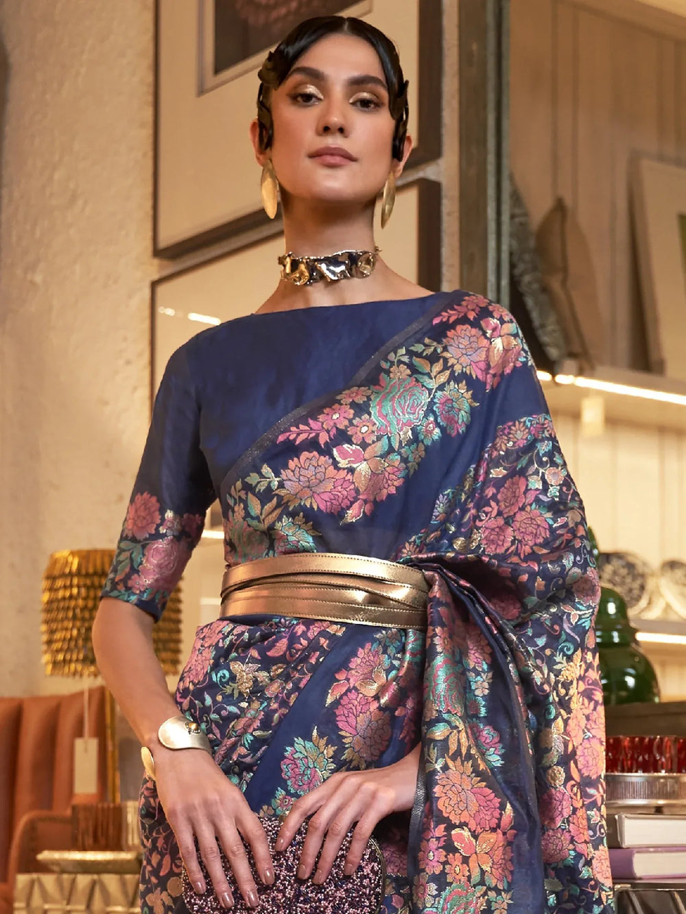 Navy Blue Kashmiri Floral Silk Saree - The Dori Store