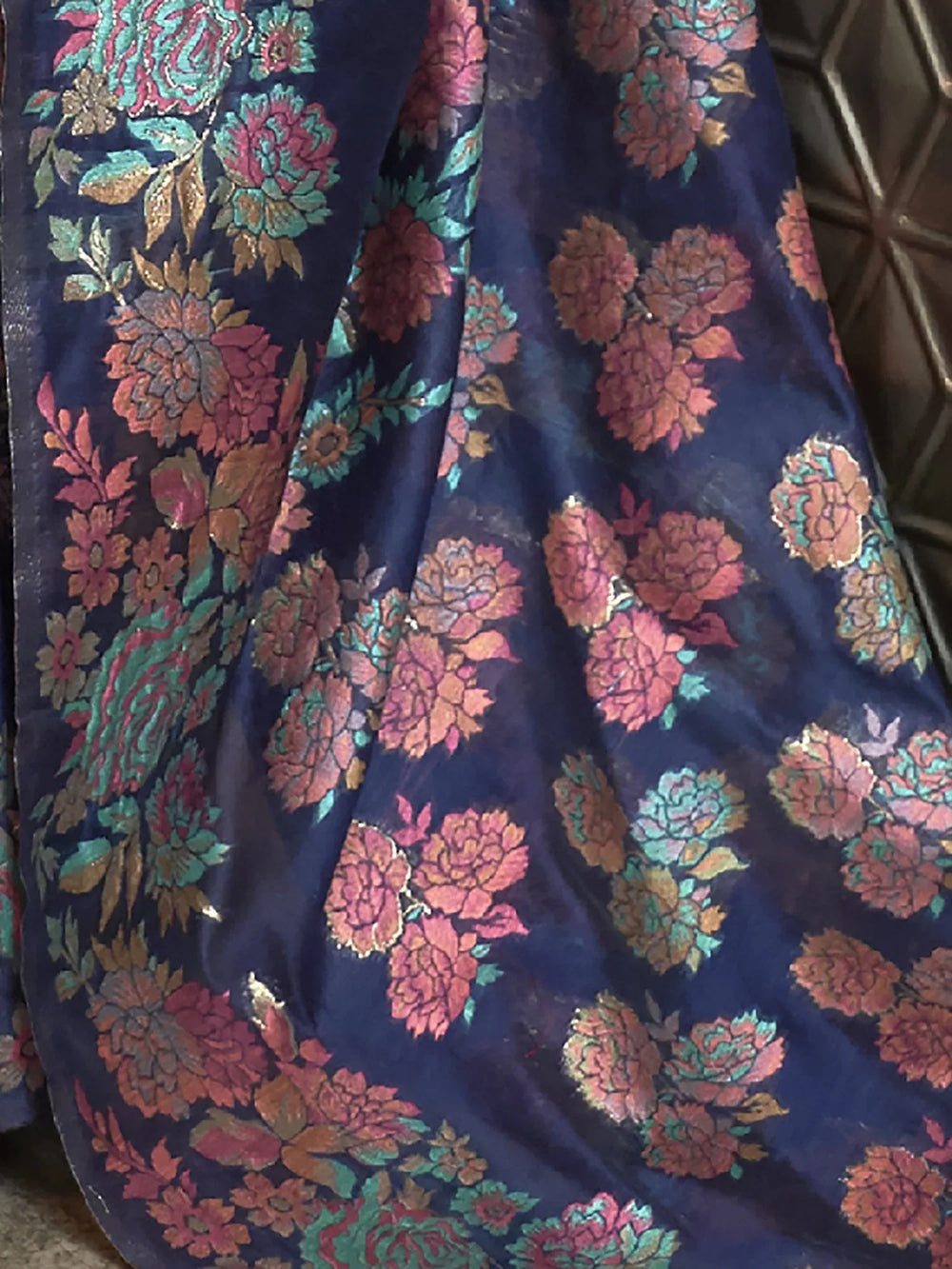 Navy Blue Kashmiri Floral Silk Saree - The Dori Store