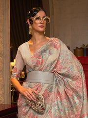 Light Grey Kashmiri Floral Silk Saree - The Dori Store
